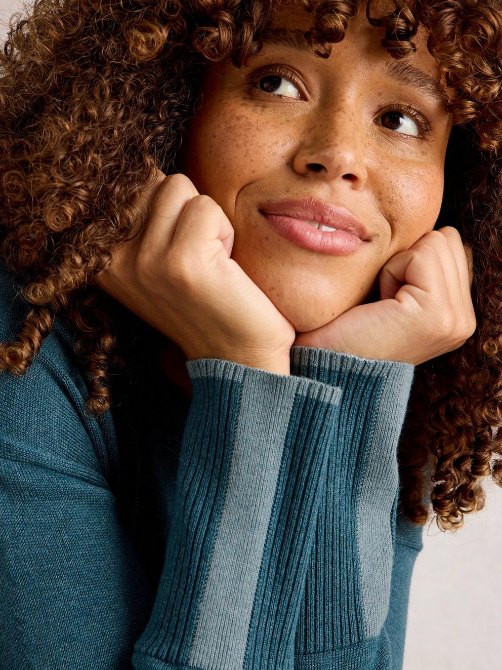 OLIVE LONG SLEEVE CREW NECK JUMPER in MID BLUE - MODEL DETAIL