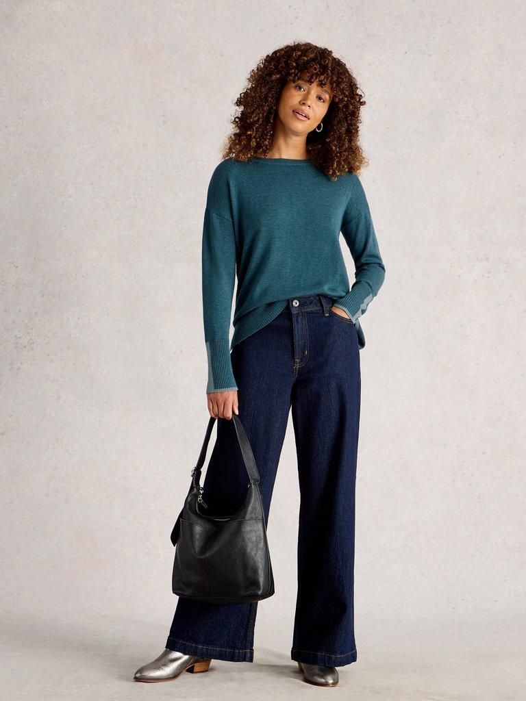 OLIVE LONG SLEEVE CREW NECK JUMPER in MID BLUE - MODEL FRONT