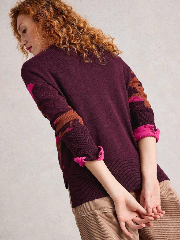 OLIVE LONG SLEEVE CREW NECK JUMPER in PLUM MLT - MODEL BACK