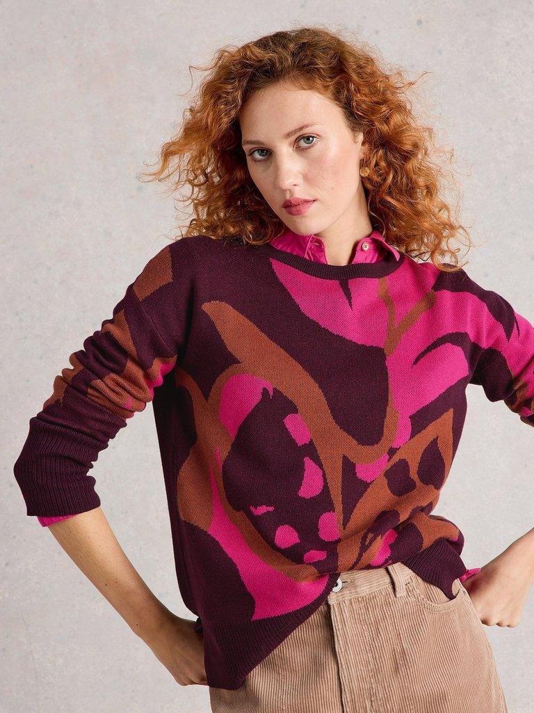 OLIVE LONG SLEEVE CREW NECK JUMPER in PLUM MLT - MODEL DETAIL