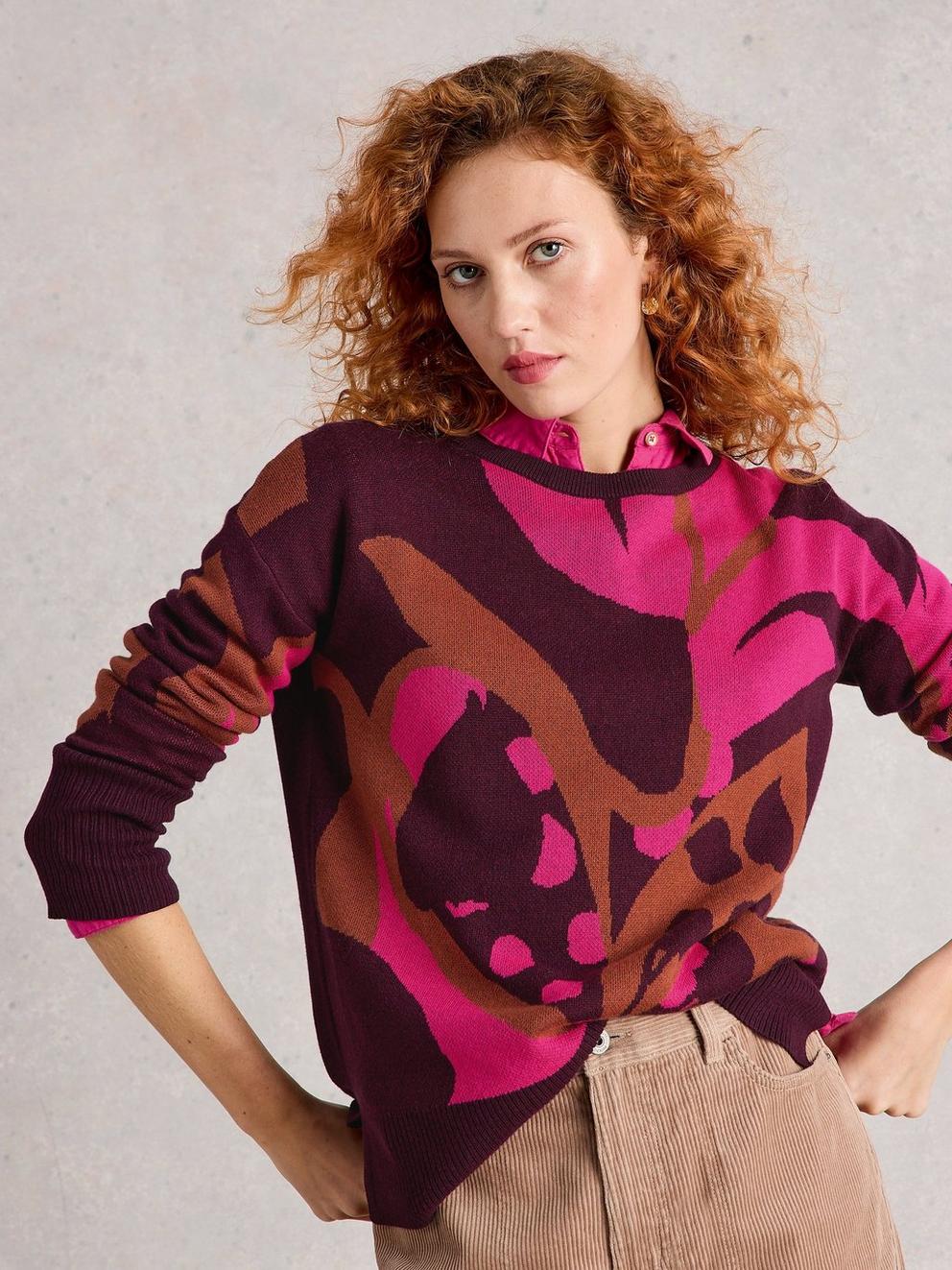 OLIVE LONG SLEEVE CREW NECK JUMPER in PLUM MLT - MODEL DETAIL