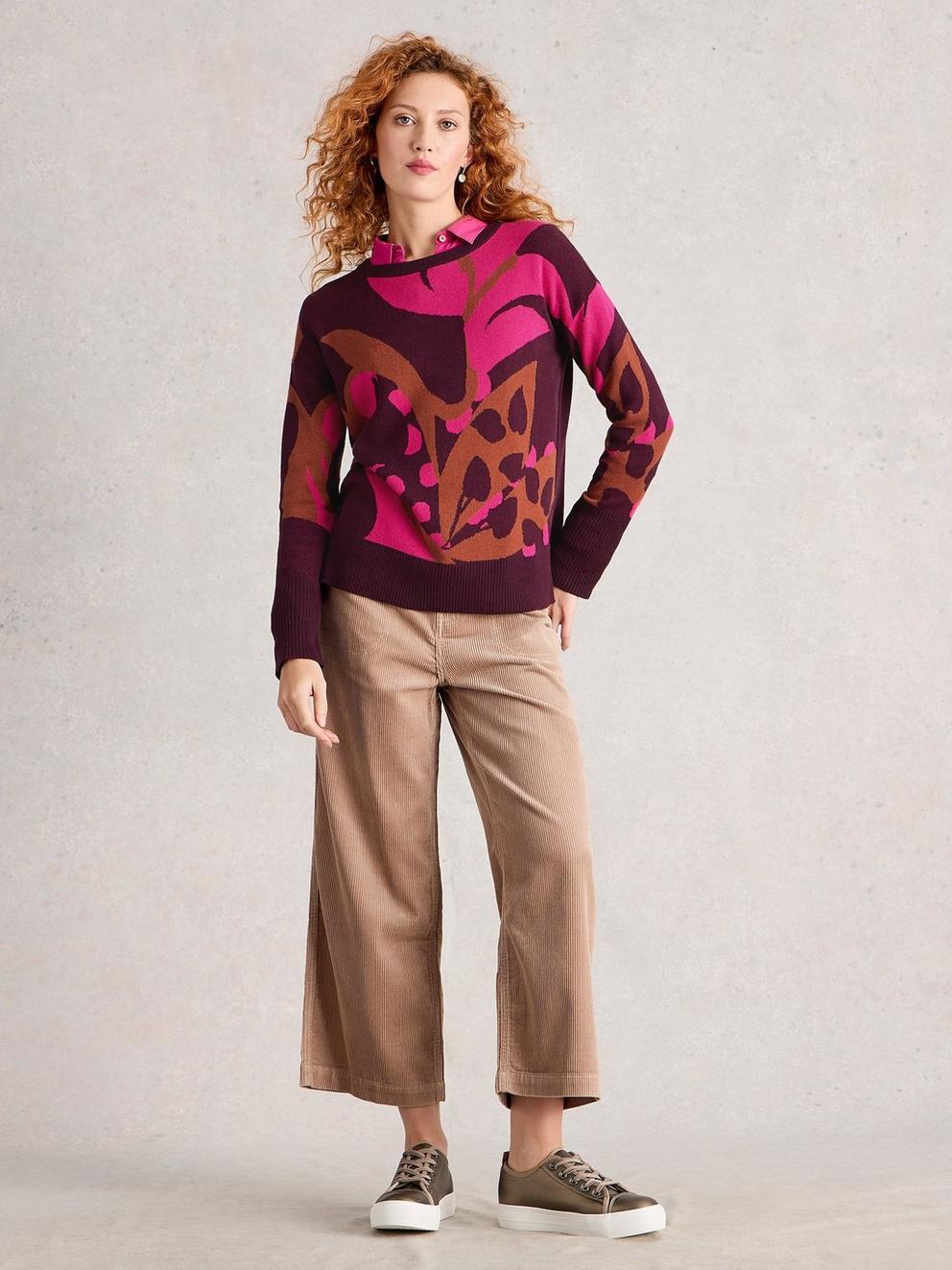 OLIVE LONG SLEEVE CREW NECK JUMPER in PLUM MLT - MODEL FRONT