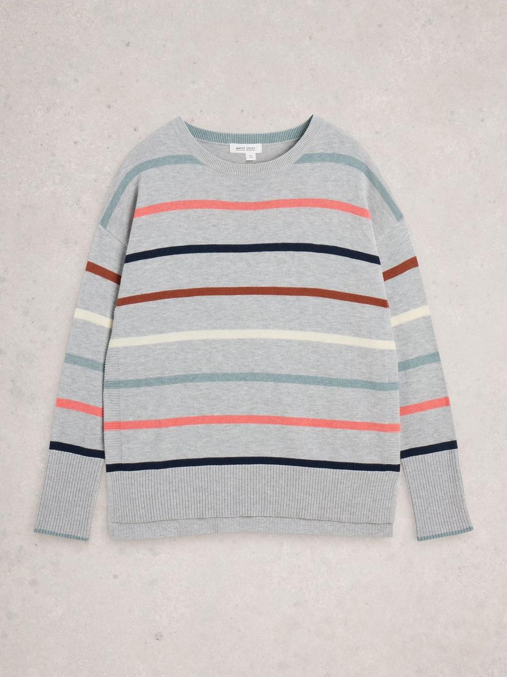 OLIVE STRIPED CREW NECK JUMPER in GREY MLT - FLAT FRONT