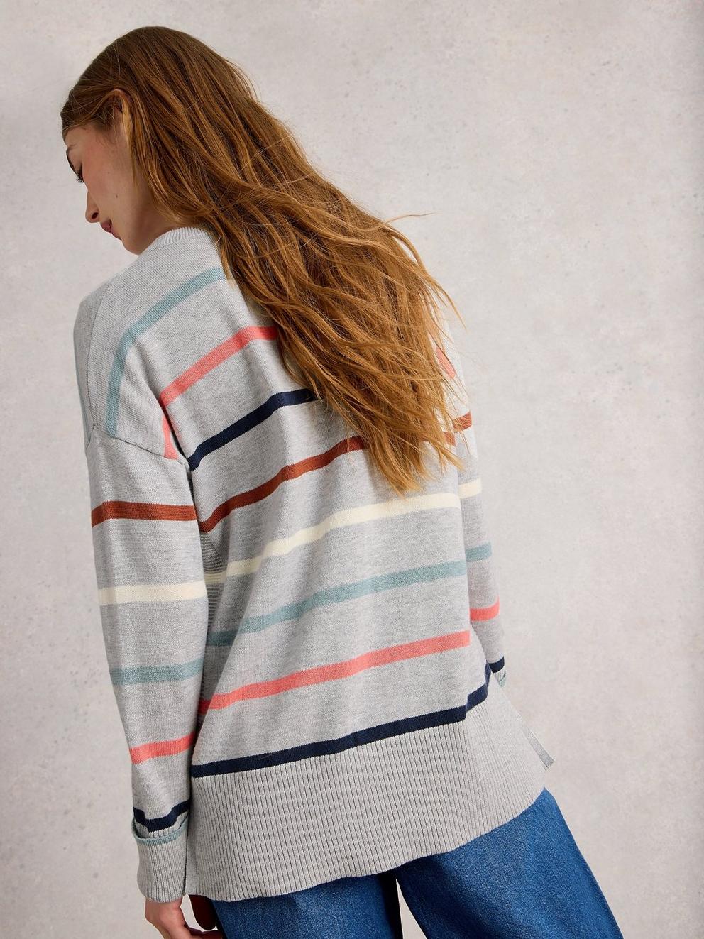 OLIVE STRIPED CREW NECK JUMPER in GREY MLT - MODEL BACK
