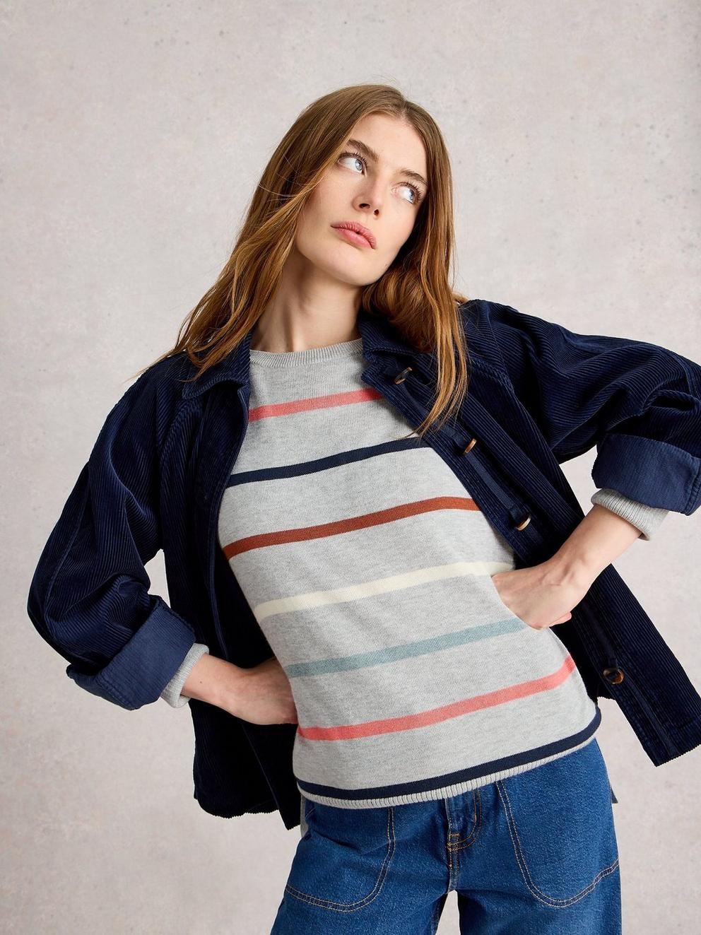 OLIVE STRIPED CREW NECK JUMPER in GREY MLT - MODEL DETAIL