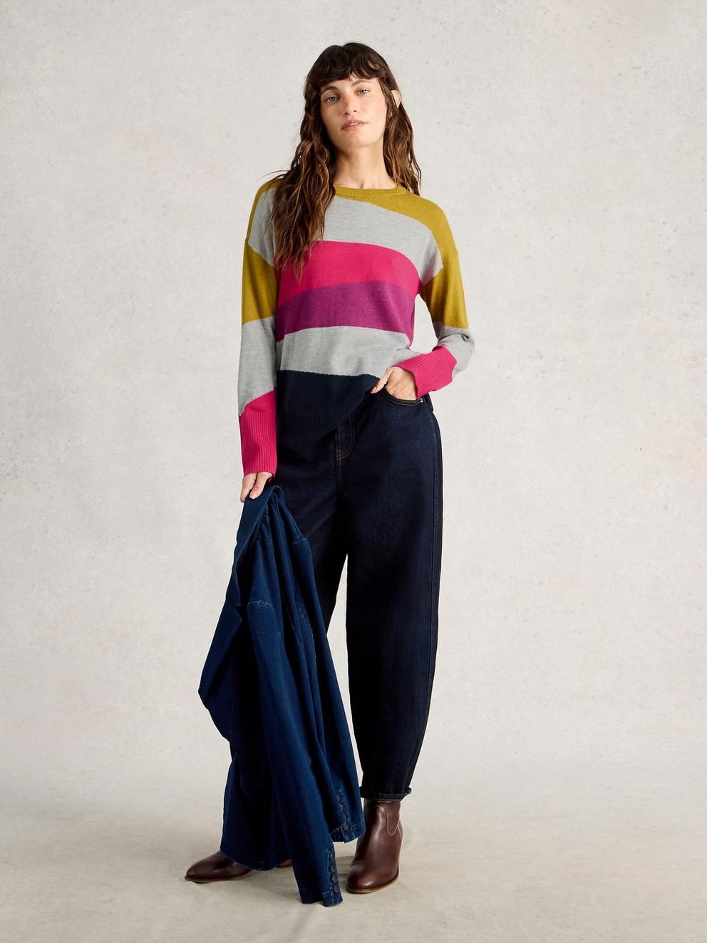 OLIVE COLOURBLOCK JUMPER in PLUM MLT - MODEL FRONT