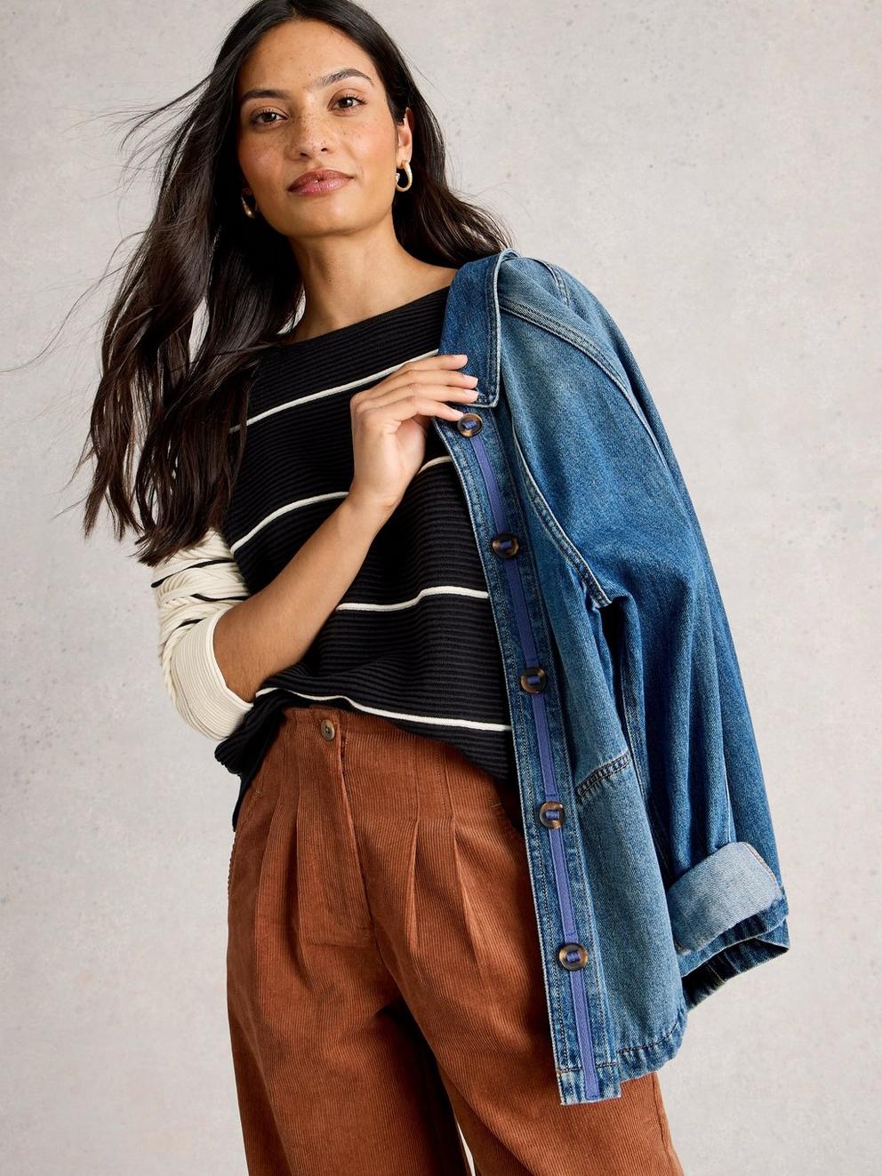 JANA STRIPED CREW NECK JUMPER in BLK MLT - MODEL DETAIL