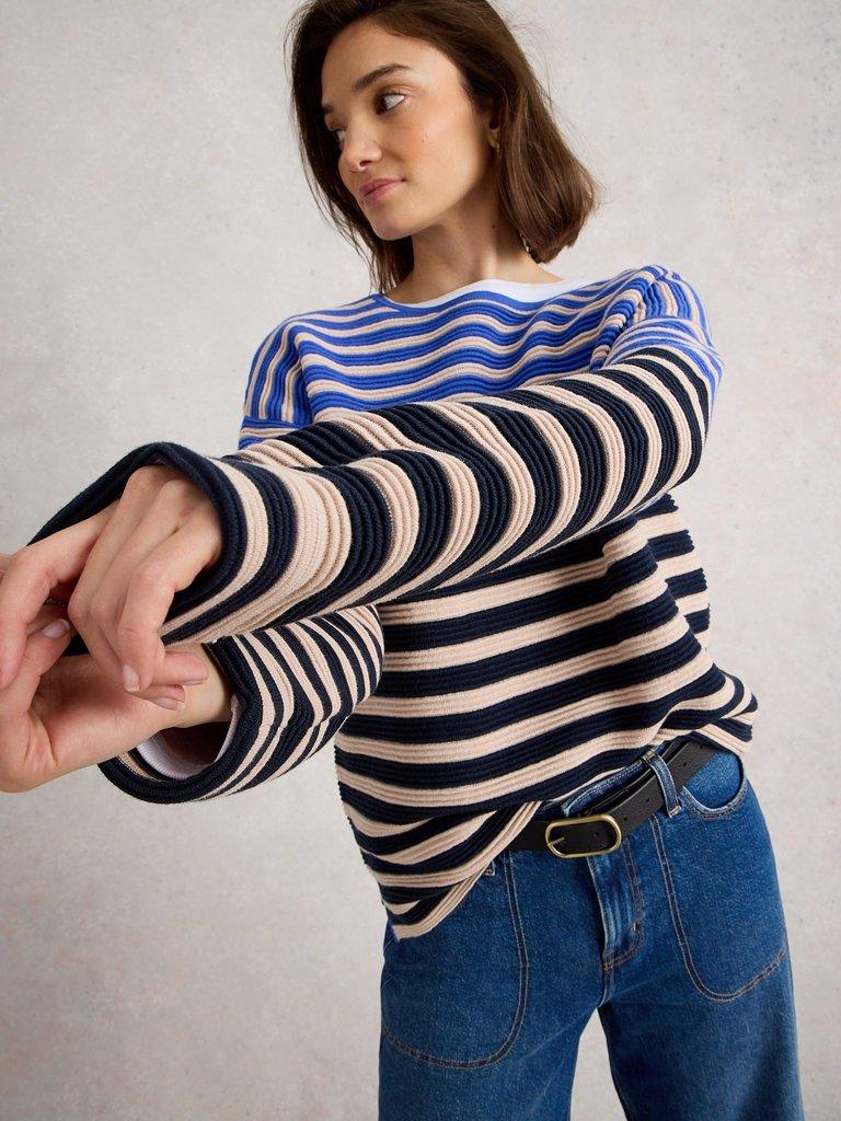 JANA STRIPED CREW NECK JUMPER in BLUE MLT - MODEL DETAIL