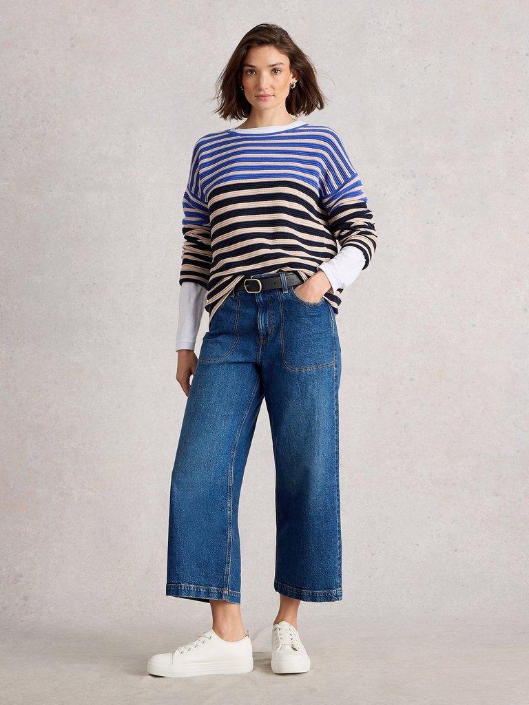 JANA STRIPED CREW NECK JUMPER in BLUE MLT - MODEL FRONT