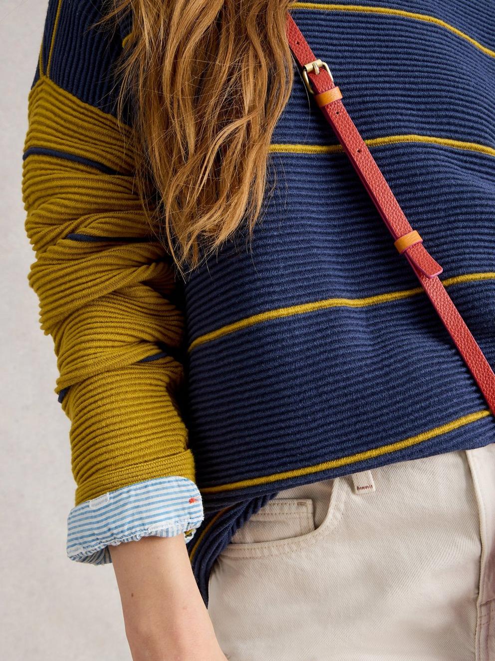JANA STRIPED CREW NECK JUMPER in NAVY MULTI - MODEL DETAIL