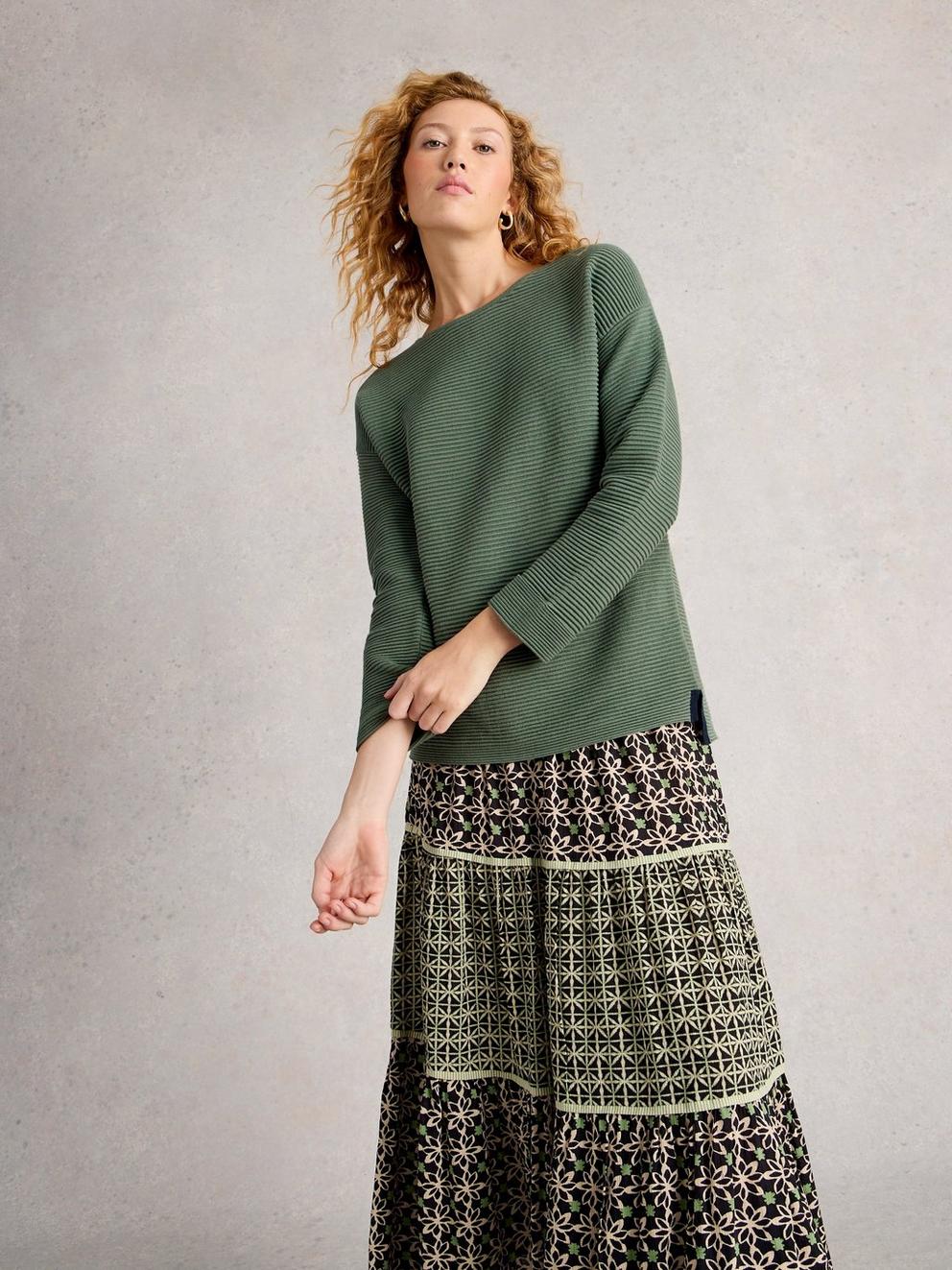 JANA LONG SLEEVE JUMPER in KHAKI GRN - MODEL DETAIL