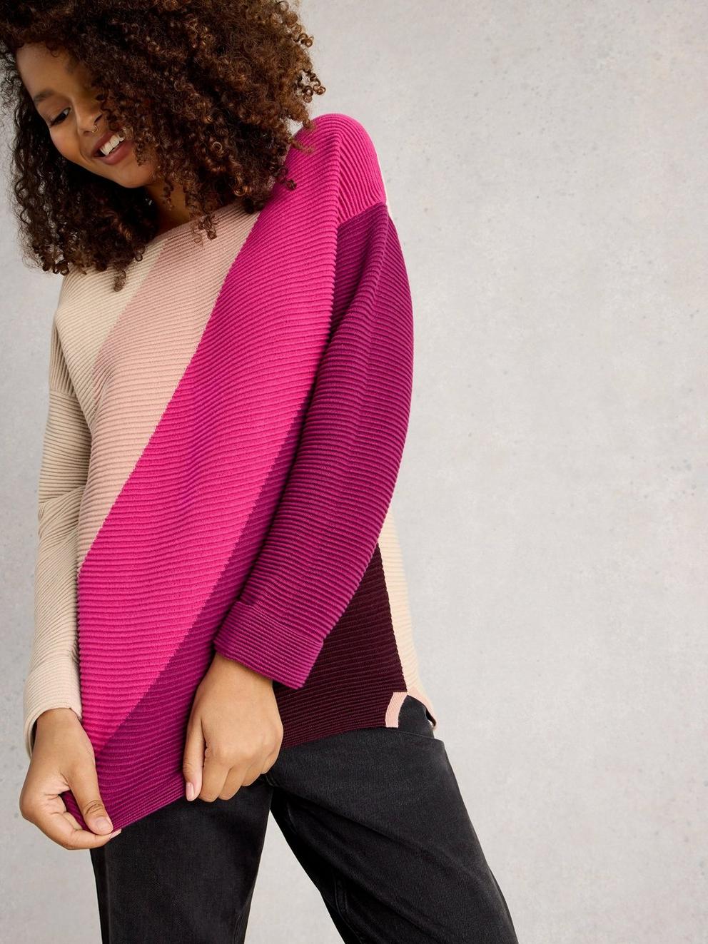 JANA COL BLOCK JUMPER in PURPLE MLT - MODEL DETAIL