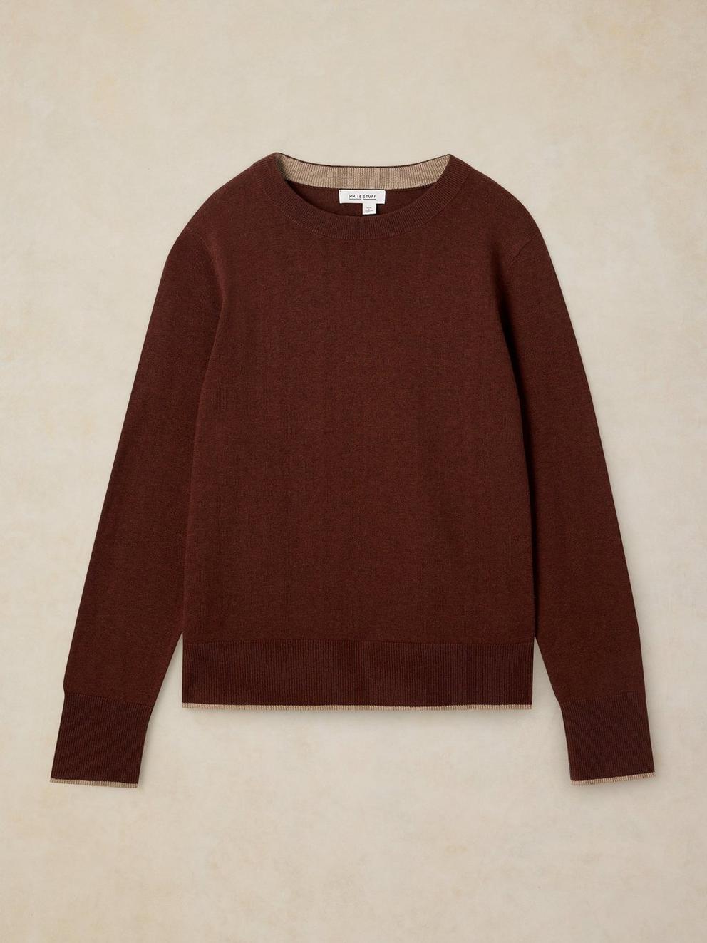 KATIE CREW NECK JUMPER in DK BROWN - FLAT FRONT