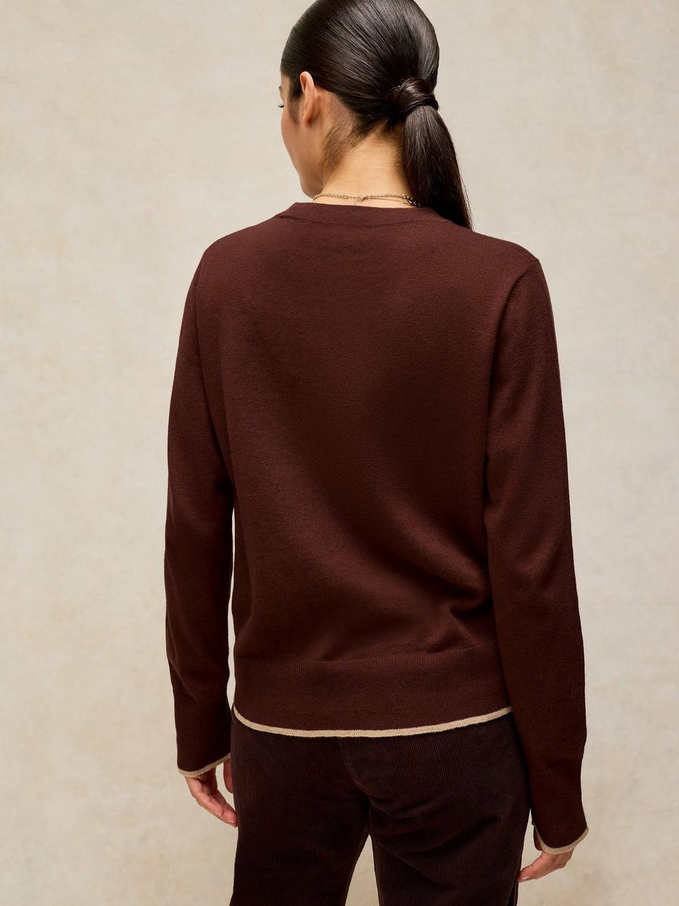 KATIE CREW NECK JUMPER in DK BROWN - MODEL BACK