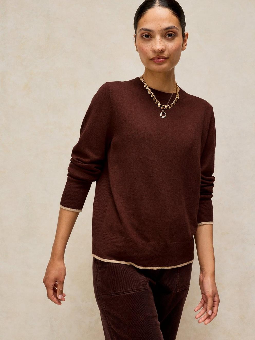 KATIE CREW NECK JUMPER in DK BROWN - MODEL DETAIL
