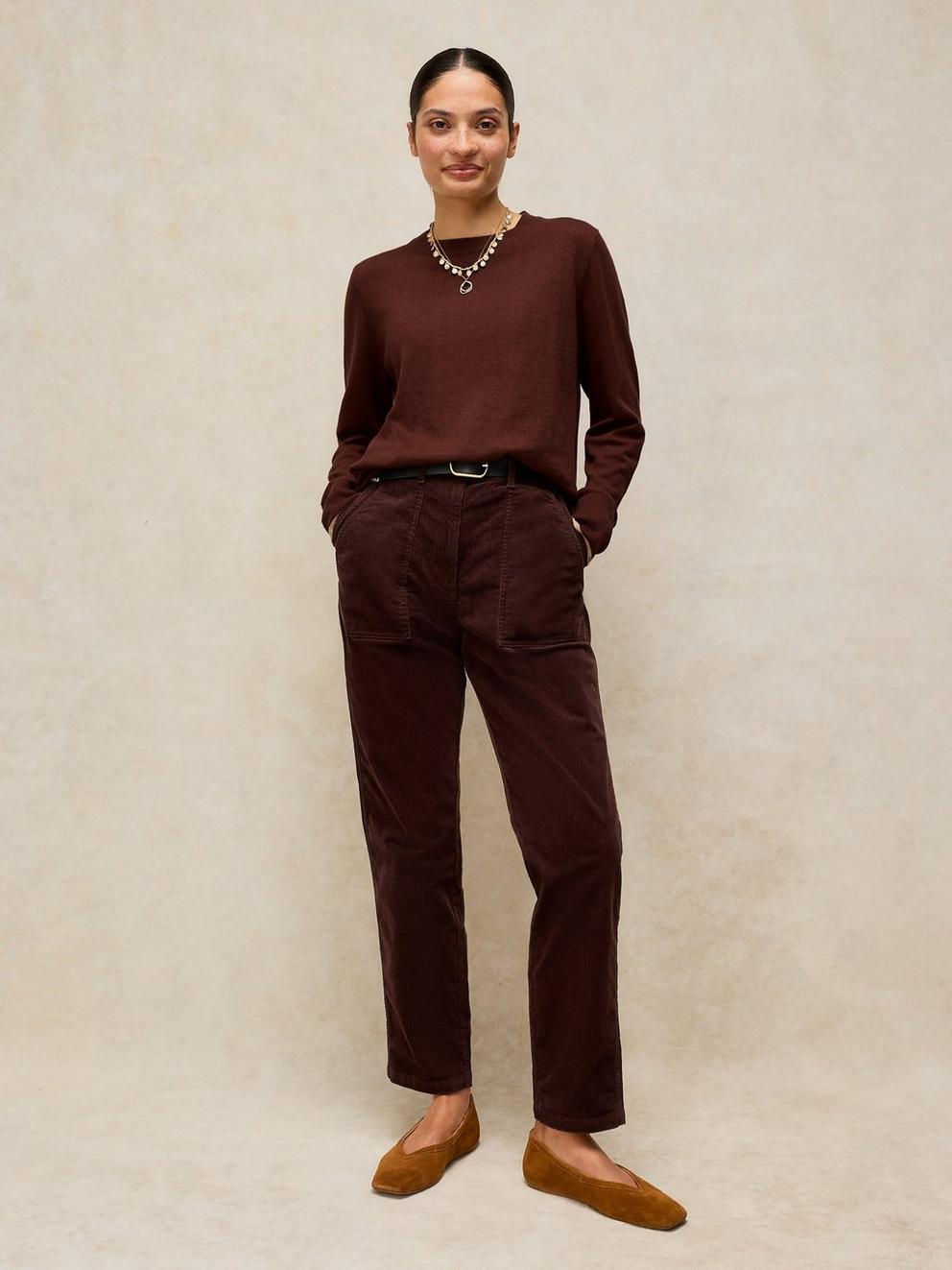KATIE CREW NECK JUMPER in DK BROWN - MODEL FRONT