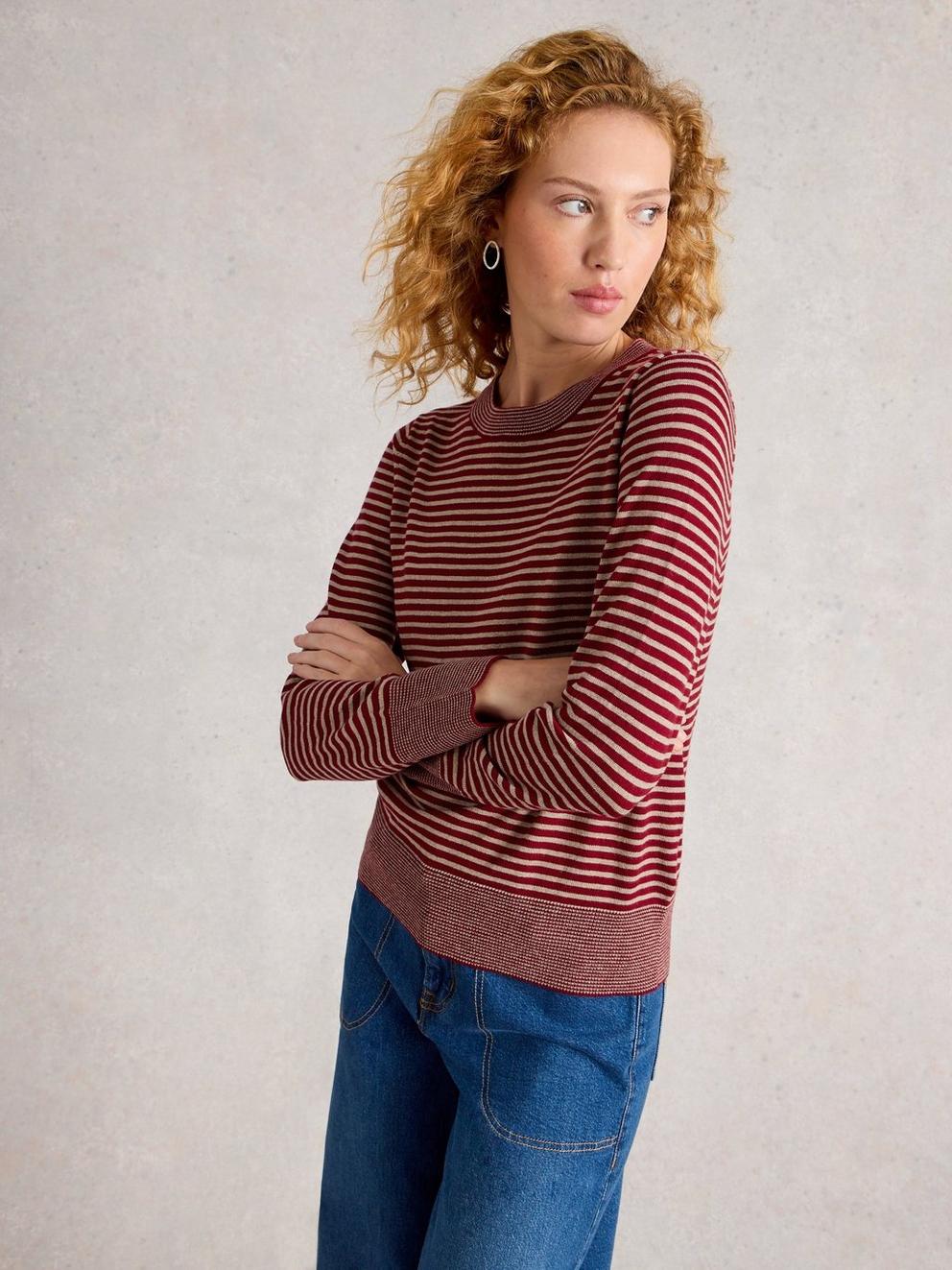 KATIE STRIPE JUMPER in RED MLT - MODEL DETAIL