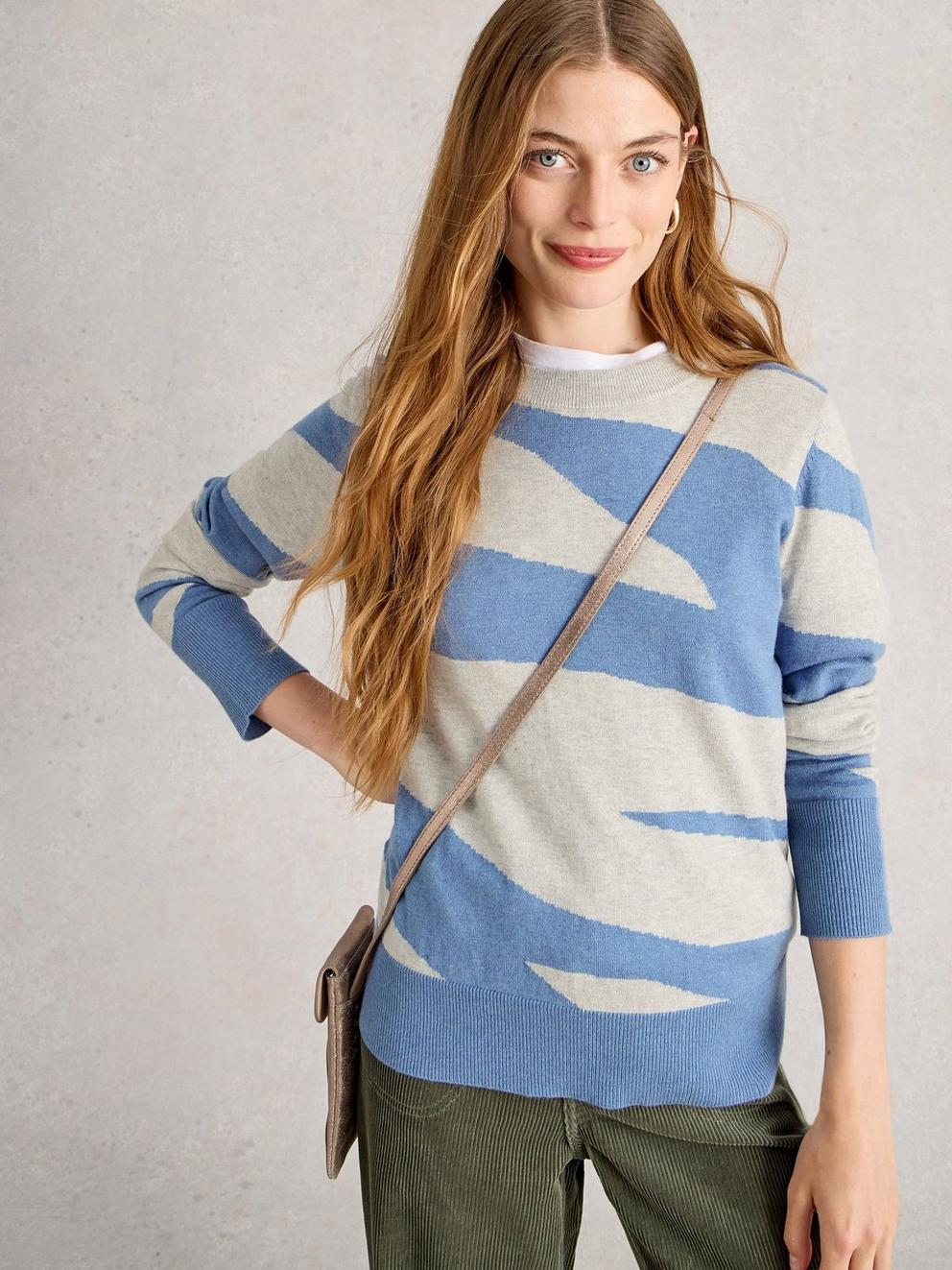 KATIE ABSTRACT JUMPER in BLUE MLT - MODEL DETAIL