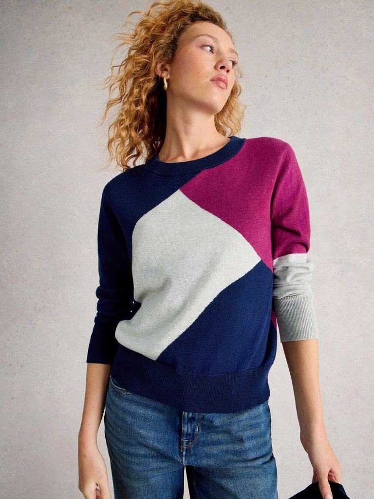 KATIE ABSTRACT JUMPER in NAVY MULTI - MODEL DETAIL