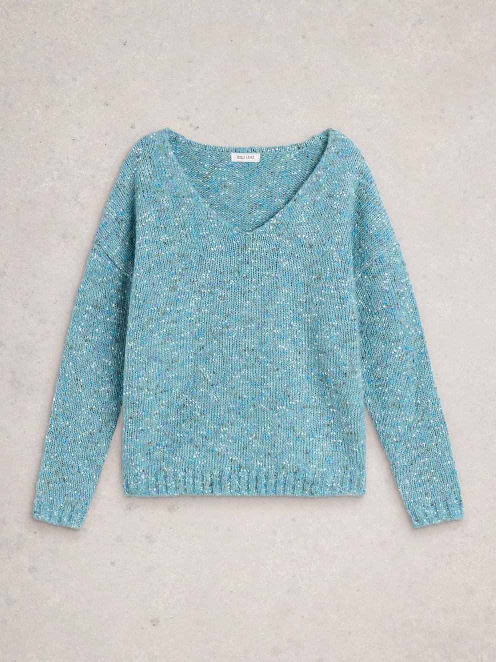 TEXTURE  V NECK in MID BLUE - FLAT FRONT