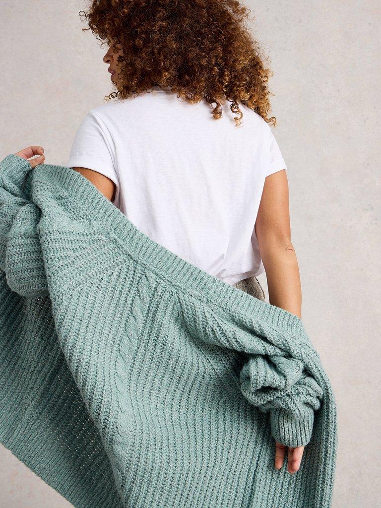 SALLY SLUB CARDIGAN in DUS GREEN - MODEL BACK