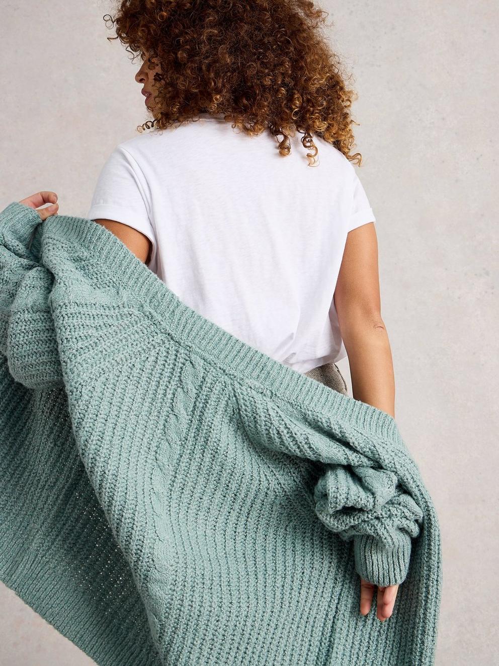 SALLY SLUB CARDIGAN in DUS GREEN - MODEL BACK