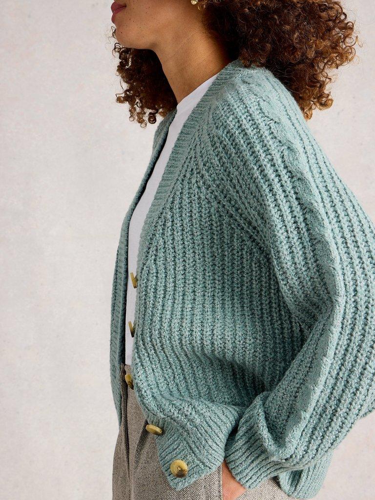 SALLY SLUB CARDIGAN in DUS GREEN - MODEL DETAIL