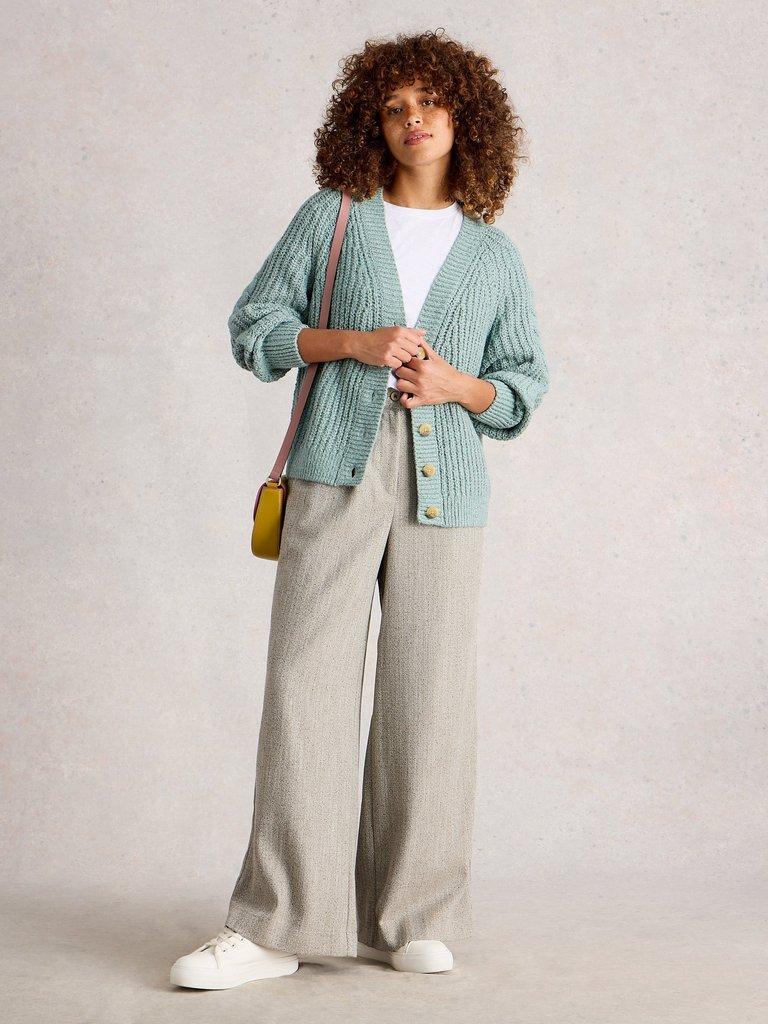 SALLY SLUB CARDIGAN in DUS GREEN - MODEL FRONT