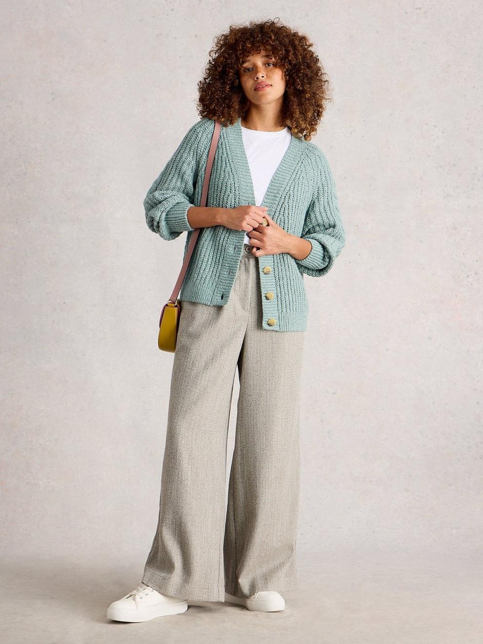 SALLY SLUB CARDIGAN in DUS GREEN - MODEL FRONT