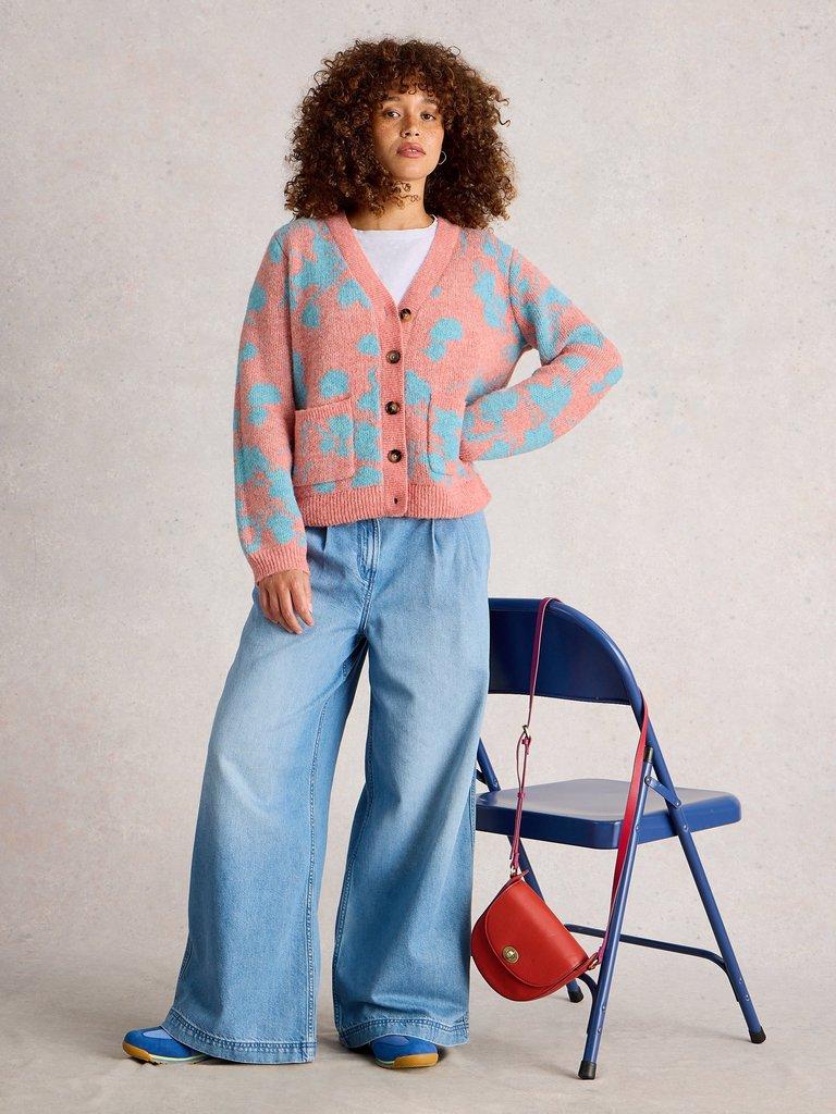 JENNY FLORAL CARDI in CORAL MLT - MODEL FRONT