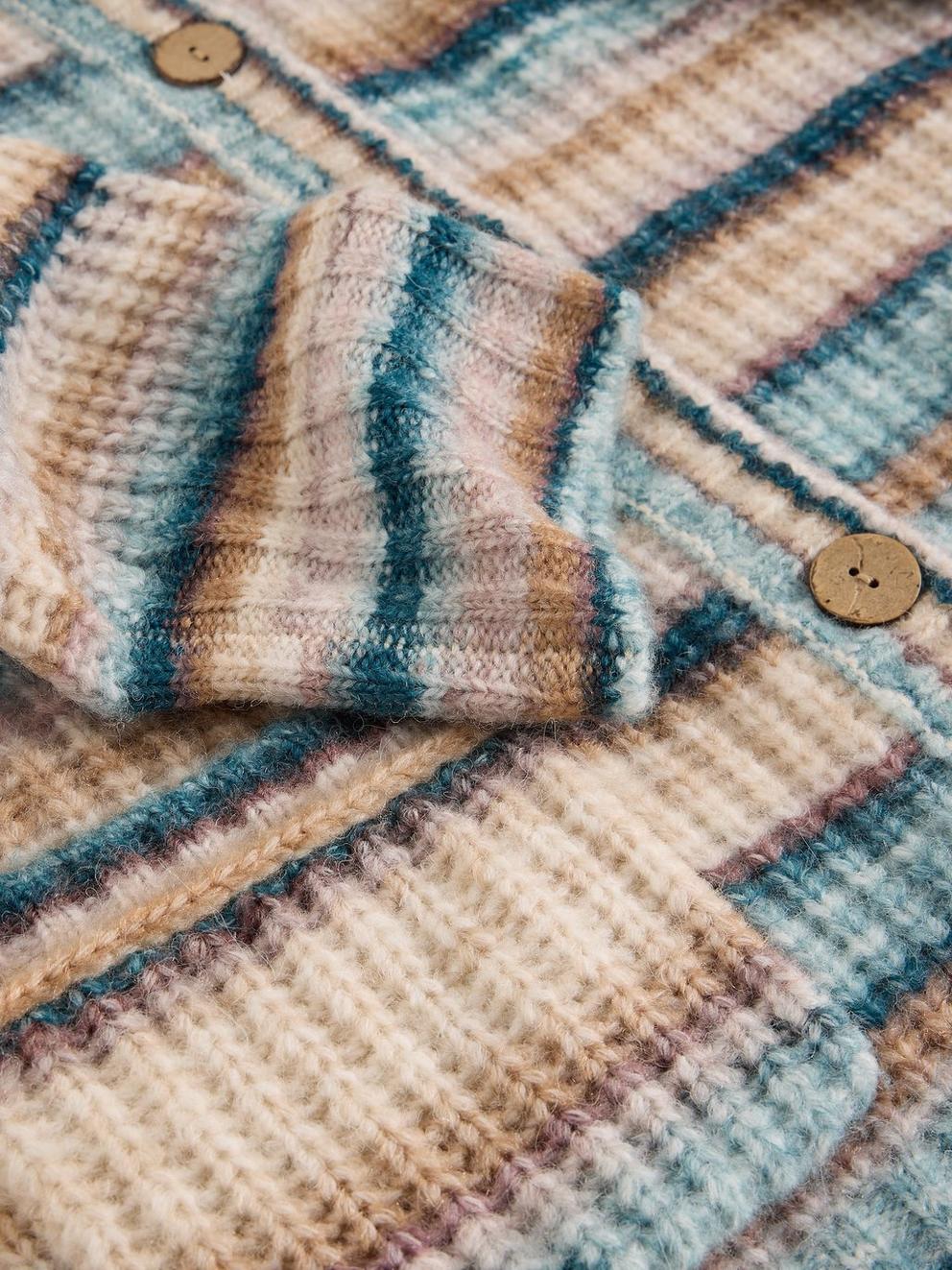 SUZANNA CREW CARDI in BLUE MLT - FLAT DETAIL