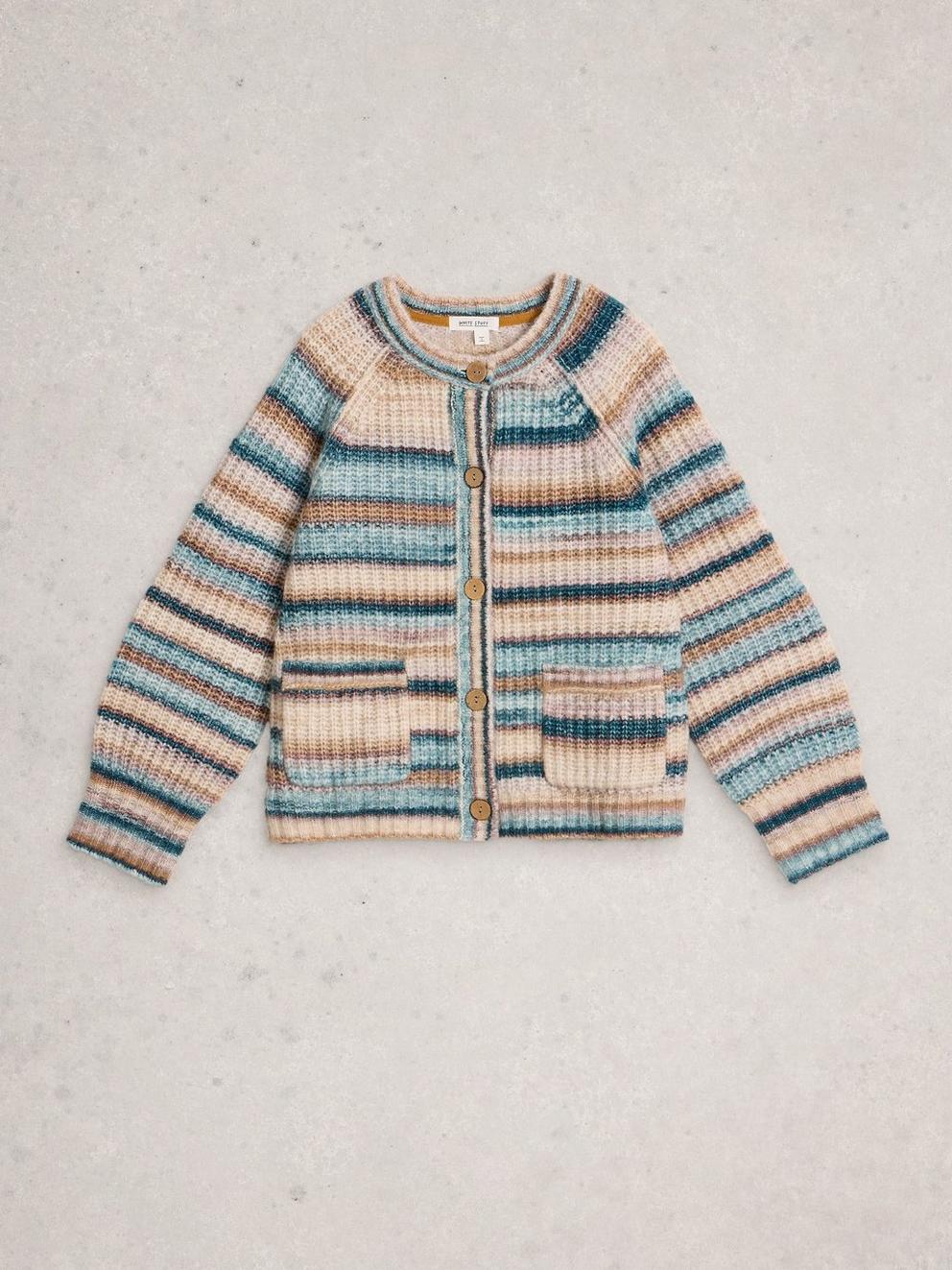 SUZANNA CREW CARDI in BLUE MLT - FLAT FRONT