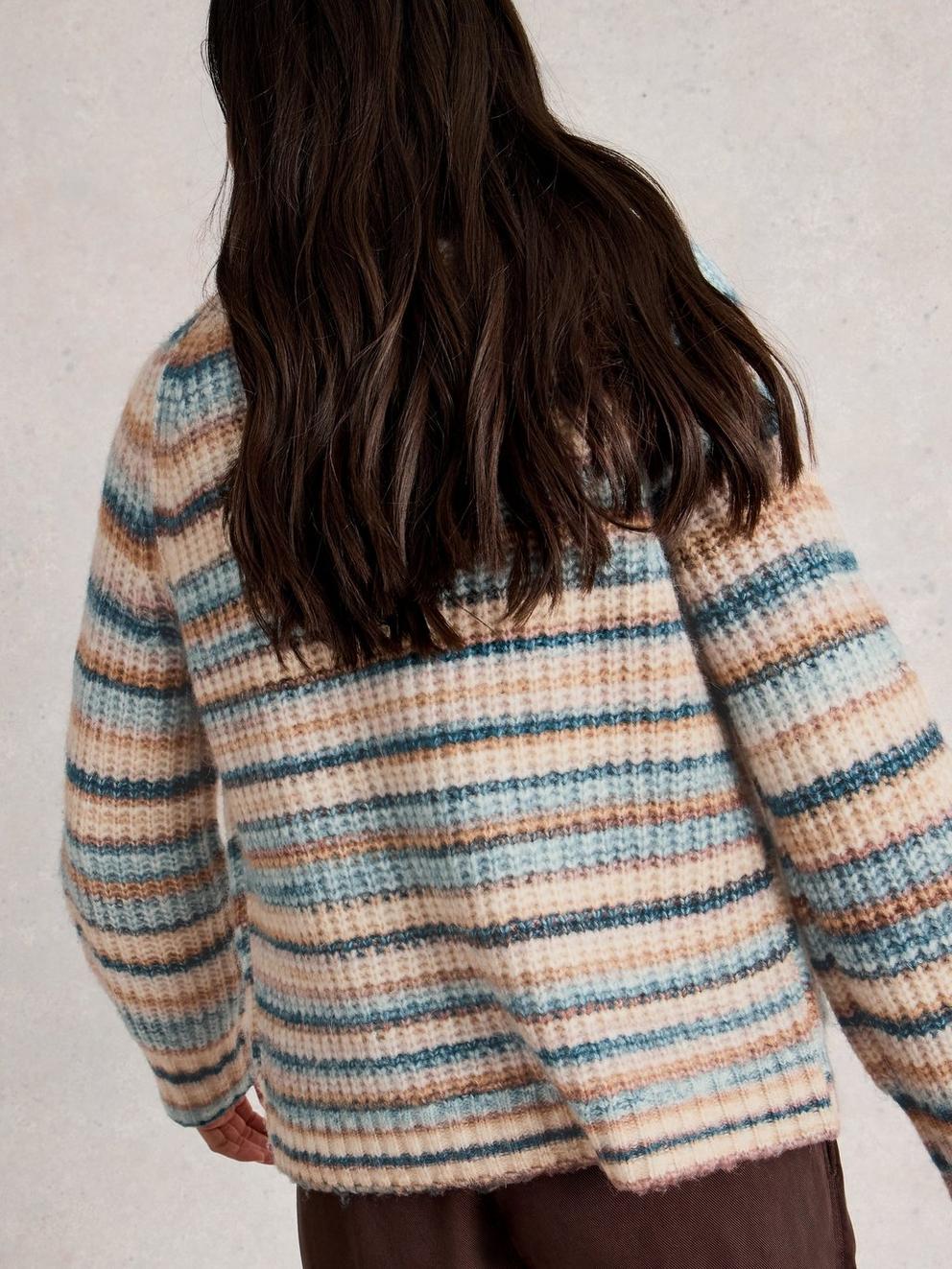 SUZANNA CREW CARDI in BLUE MLT - MODEL BACK