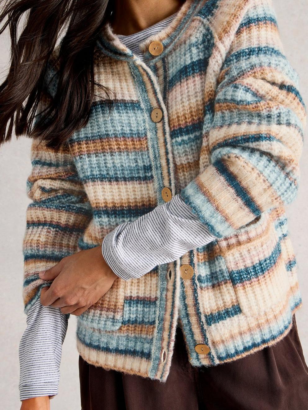 SUZANNA CREW CARDI in BLUE MLT - MODEL DETAIL