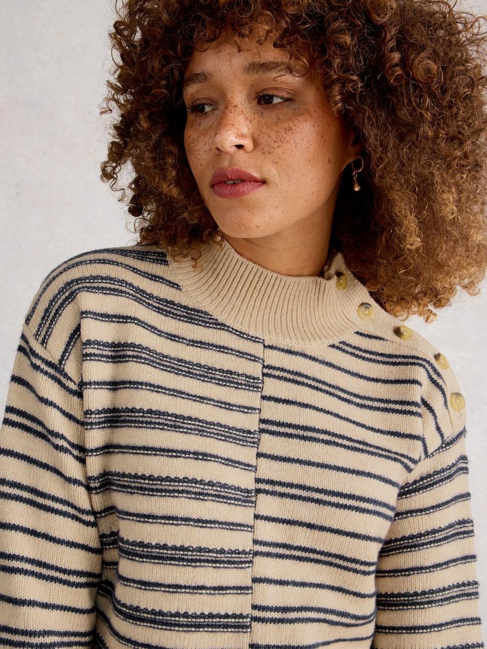 MIX STRIPE STAND NECK JUMPER in NAT MLT - MODEL DETAIL