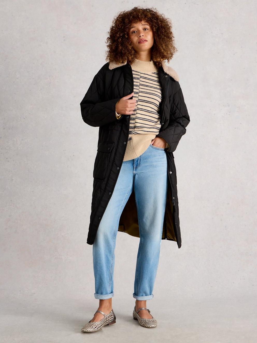 MIX STRIPE STAND NECK JUMPER in NAT MLT - MODEL FRONT