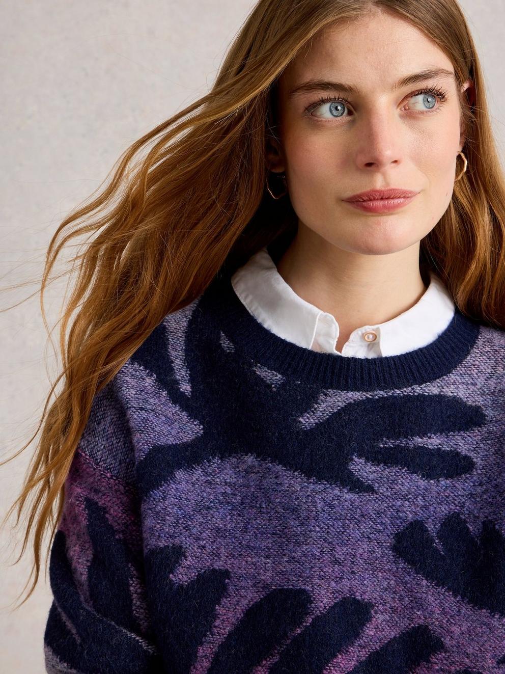 FERN SPACEDYE JUMPER in NAVY MULTI - MODEL DETAIL