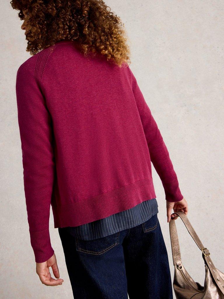 LULU CREW NECK LONG SLEEVE CARDI in DK PLUM - MODEL BACK
