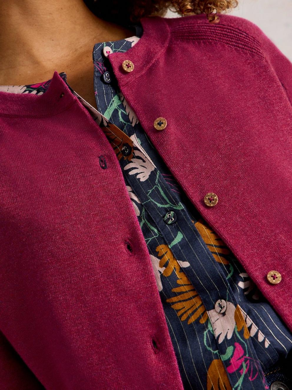 LULU CREW NECK LONG SLEEVE CARDI in DK PLUM - MODEL DETAIL
