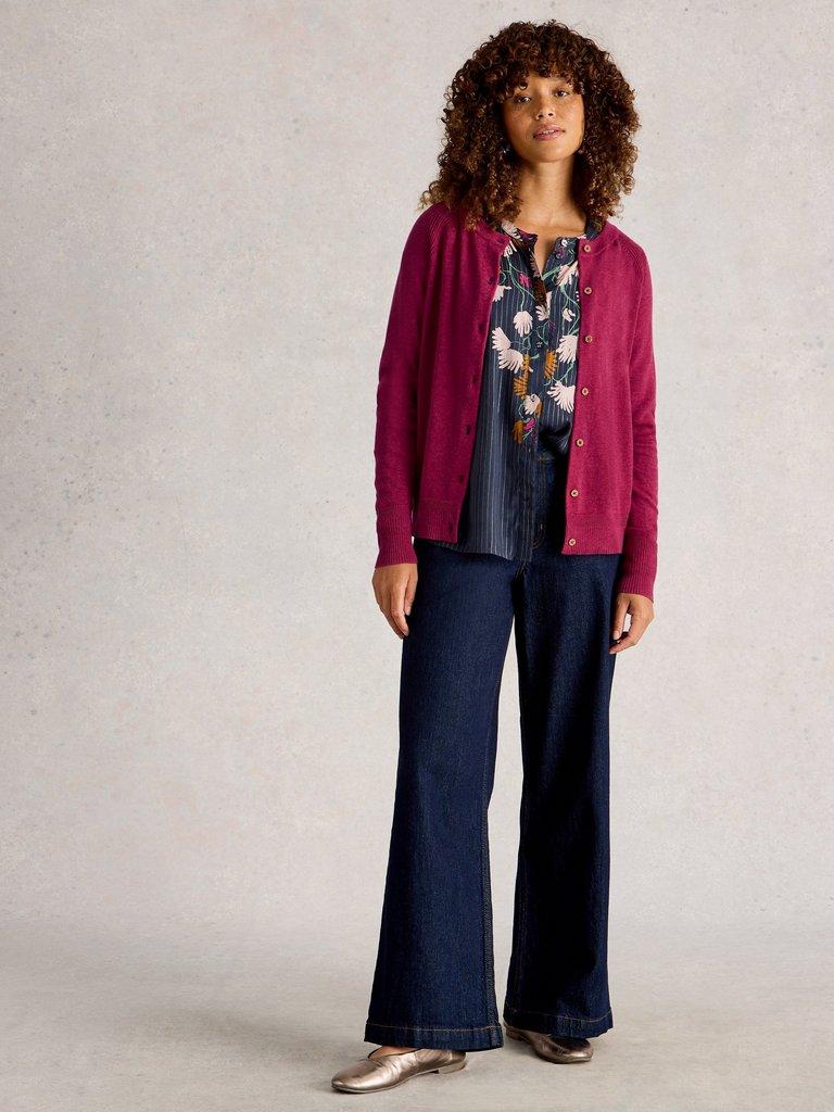 LULU CREW NECK LONG SLEEVE CARDI in DK PLUM - MODEL FRONT