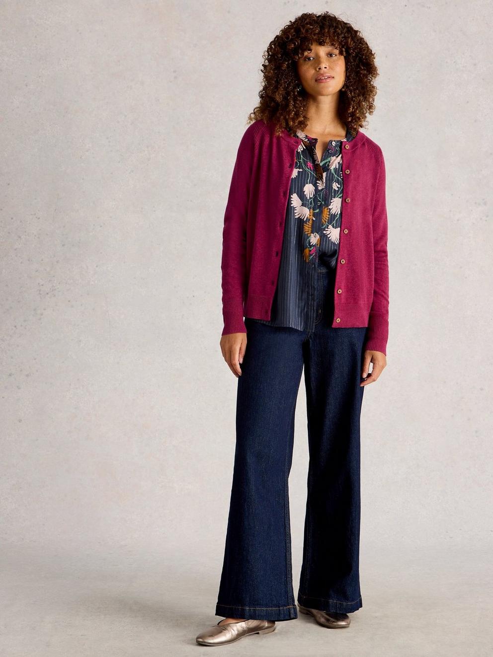 LULU CREW NECK LONG SLEEVE CARDI in DK PLUM - MODEL FRONT