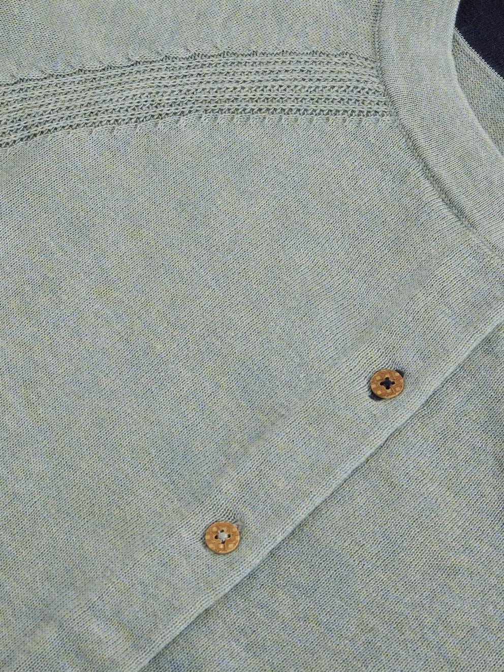 LULU CREW NECK LONG SLEEVE CARDI in DUS GREEN - FLAT DETAIL