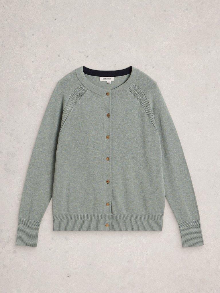 LULU CREW NECK LONG SLEEVE CARDI in DUS GREEN - FLAT FRONT