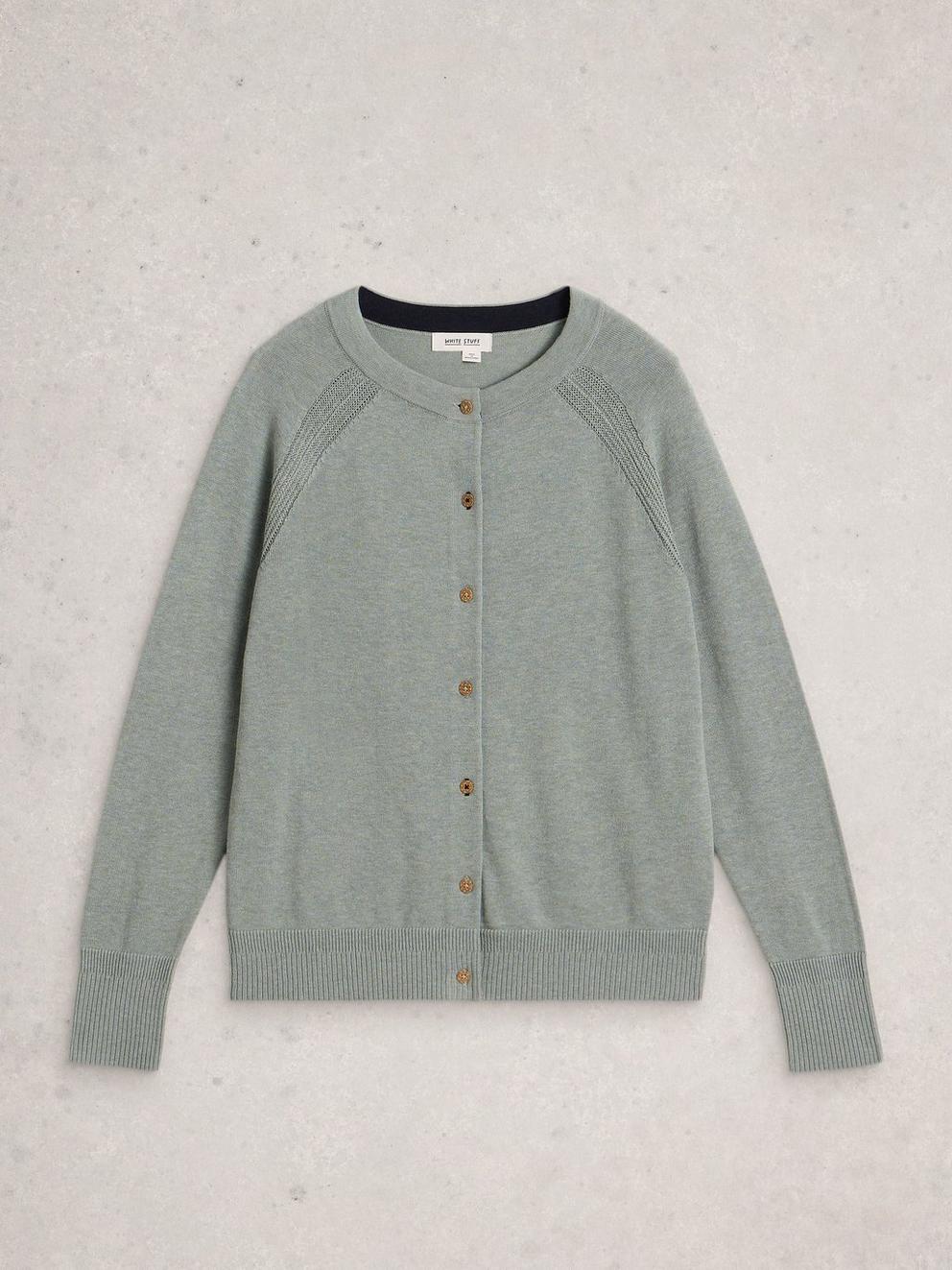 LULU CREW NECK LONG SLEEVE CARDI in DUS GREEN - FLAT FRONT