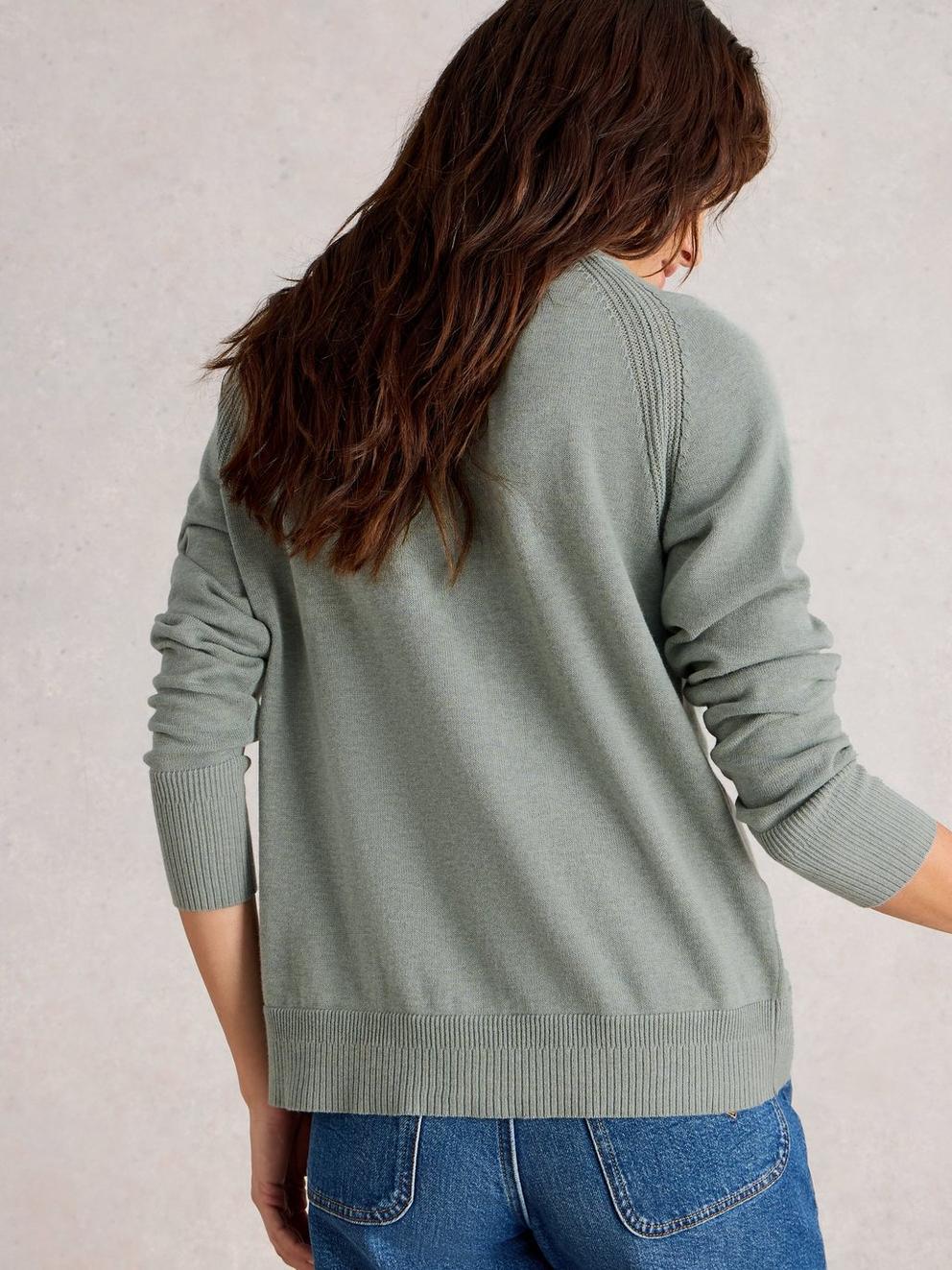 LULU CREW NECK LONG SLEEVE CARDI in DUS GREEN - MODEL BACK