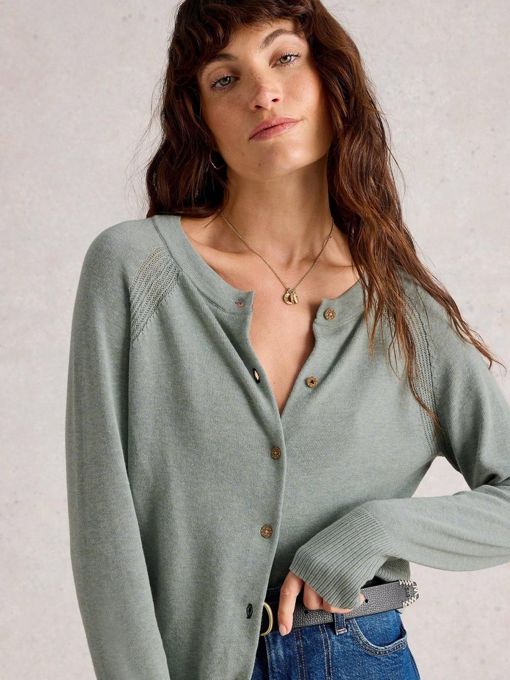 LULU CREW NECK LONG SLEEVE CARDI in DUS GREEN - MODEL DETAIL