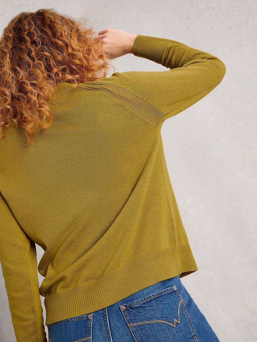LULU CREW NECK LONG SLEEVE CARDI in MID CHART - MODEL BACK