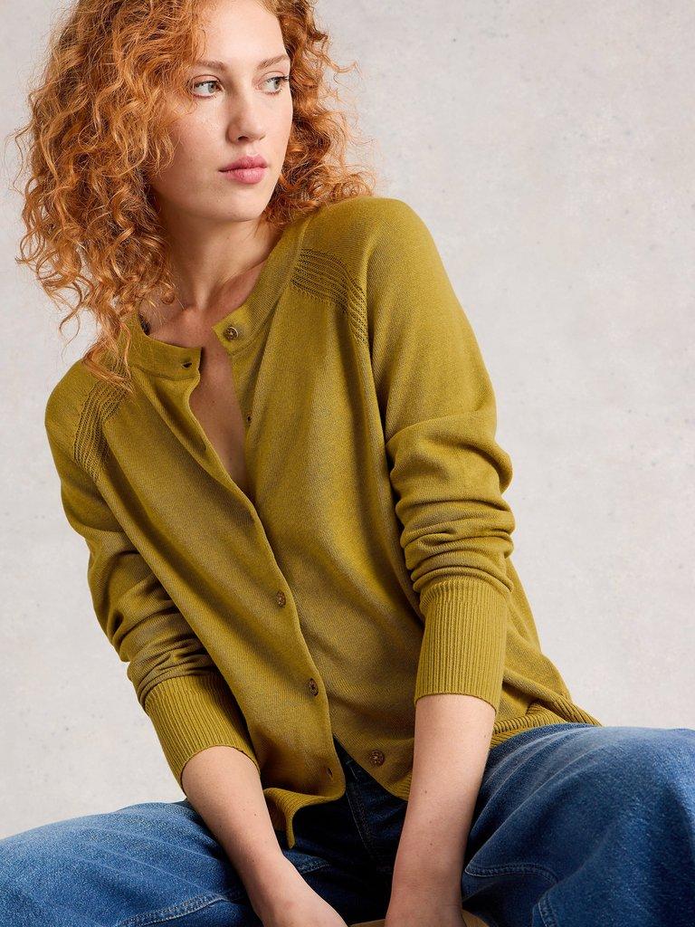 LULU CREW NECK LONG SLEEVE CARDI in MID CHART - MODEL DETAIL