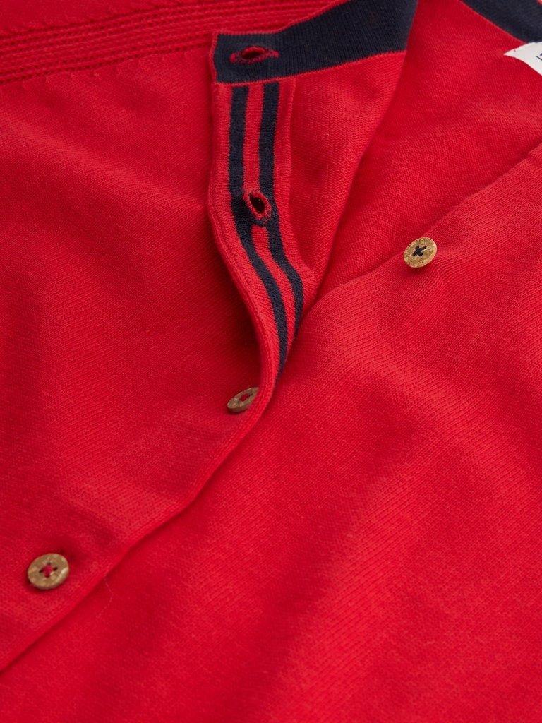 LULU CREW NECK LONG SLEEVE CARDI in MID RED - FLAT DETAIL
