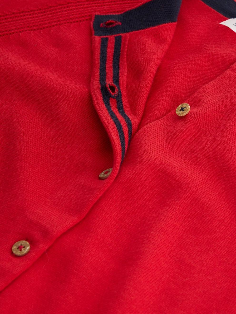 LULU CREW NECK LONG SLEEVE CARDI in MID RED - FLAT DETAIL